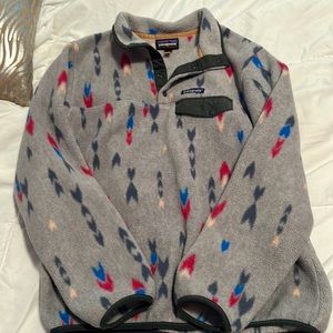 gray pink and blue patagonia quarter zip